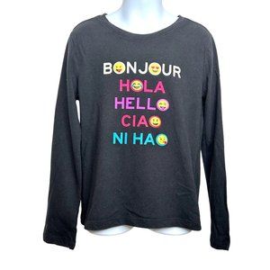 Gap Kids Girls T-Shirt S (6-7) Black Graphic Round CrewNeck Long Sleeves Bonjour